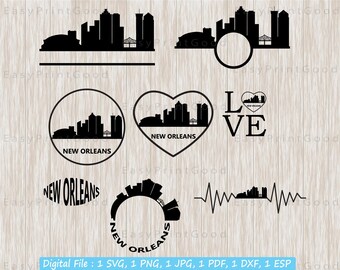 New Orleans Skyline SVG Bundle: Cityscape Clipart, Monogram Frame (Digital Download)