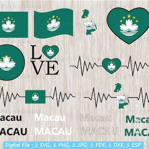 Paquete Svg de la bandera de Macao, bandera danesa, bandera del mapa de Macao, palabra de texto, bandera del país de la nación de Macao, amor, agitar, latido del corazón, archivo de corte, Cricut Svg