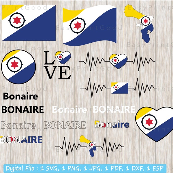 Bonaire Flag Svg Bundle, Bonaire National Flag, Text Word, Love, Heart, Black and White, Waving, Bonaire Map ClipArt, Cut file, Cricut Svg