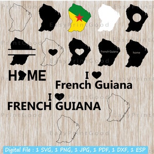 French Guiana Map Svg Bundle, French Guiana Country Clipart, French Guiana Outline, Monogramm Rahmen, T-Shirt, Template, Landkarte, Schnittdatei, Cricut