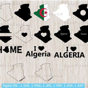 Op de afbeelding: Een digitale download van 10 SVG-, PNG-, JPG-, PDF-, DXF- en ESP-bestanden met verschillende ontwerpen van de omtrek van Algerije. De ontwerpen omvatten een hart, de Algerijnse vlag, de woorden "home" en "Algerije", en een lege omtrek.