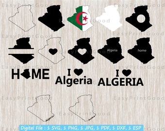 Algeria Map SVG Bundle: Flag, Outline, Monogram Frame (Digital Download)
