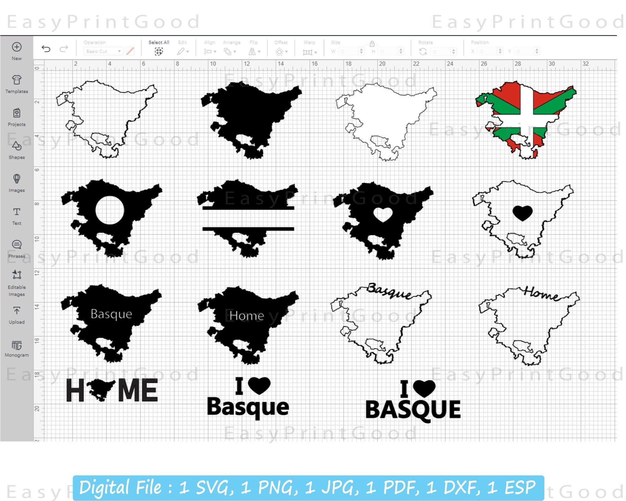 Basque Country Sign Font Example Basque Map SVG Bundle: Country Outline, Monogram Frame (digital ...