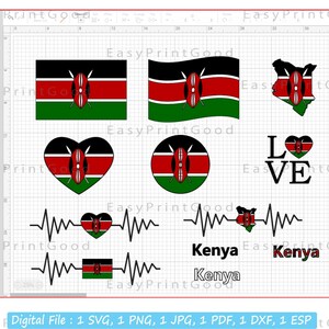 May include: A digital design file set featuring the flag of Kenya in various styles. The set includes a heart, a circle, a wavy line with a heartbeat, and a text graphic that says "Kenya".