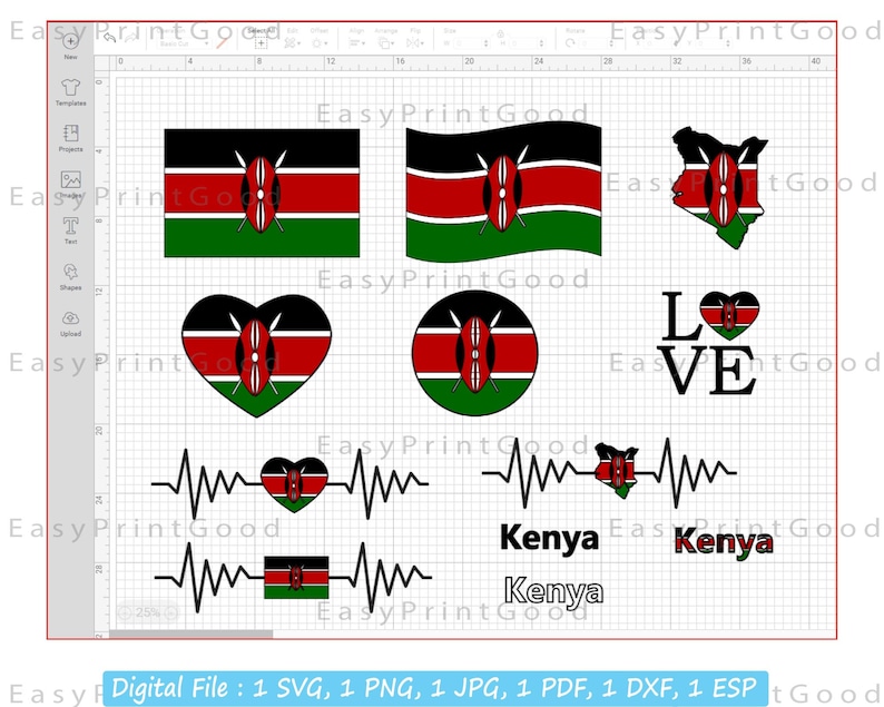 May include: A digital design file set featuring the flag of Kenya in various styles. The set includes a heart, a circle, a wavy line with a heartbeat, and a text graphic that says "Kenya".