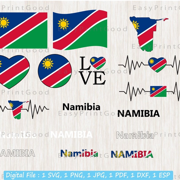 Namibia Flag Bundle Svg, Namibia National Flag, Namibian Nation Country Banner, Love, Waving, Namibia Map ClipArt, Cut file, Cricut Svg