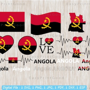 Angola Flag Svg Bundle, Angola Flag Svg, Love, Angola Text Word, Heartbeat, Waving Flag, Heart Angola Map, Cut file, Tshirt design,Cricut