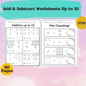 Addition And Subtraction Worksheets up to 10, Math Worksheets, Printable, Kindergarten, Addition, Subtraction, Instant download