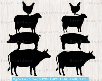 Farm Animal SVG Bundle: Cow, Pig, Lamb, Chicken, Rooster (Digital Download)