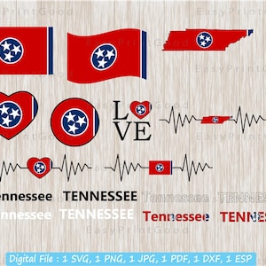 Paquete de bandera del estado de Tennessee, Svg del estado de Tennessee, círculo, contorno, palabra de texto, mapa, amor, ondulación, corazón de bandera, latido del corazón, archivo cortado, Cricut