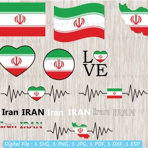 Iran Flagge SVG Bundle, Iran Flagge Clipart, Text Wort, Karte, wehende Flagge, Herz Iran Karte, Herzschlag, Outline, weiß und schwarz, ausschneiden Datei, Cricut
