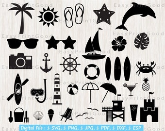 May include: A set of 25 black and white summer and beach themed SVG cut files. The images include a palm tree, sun, flip flops, starfish, dolphin, sunglasses, camera, anchor, steering wheel, life preserver, surfboard, crab, pineapple, kayak, scuba mask, lighthouse, beach ball, umbrella, cocktail, lifeguard stand, sunscreen, and a sandcastle.