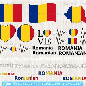 ルーマニア国旗バンドル SVG、ルーマニア SVG、ルーマニア国旗、ルーマニア国旗クリップアート、愛、手を振る、テキスト、地図、カットファイル、クリカット＆シルエット