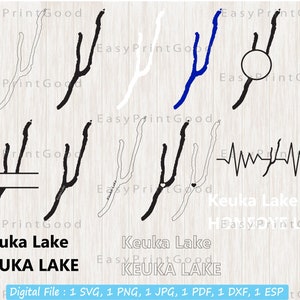 May include: A digital file set of Keuka Lake, New York, in black, white, and blue. The file set includes a variety of formats, including SVG, PNG, JPG, PDF, DXF, and ESP. The file set is perfect for creating crafts, projects, and designs.