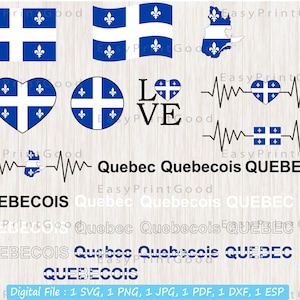 Quebec Flag Bundle Svg, Quebec Svg, Canadian Svg, Love, Quebecois, Canada Svg, St Jean Baptiste, Waving, Heart Quebec Map, Cut file, Cricut