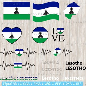 Lesotho Flag Bundle Svg, Lesotho National Flag, Lesotho Nation Country Banner, Love, Waving, Text Word, Map ClipArt, Cut file, Cricut Svg