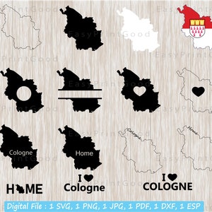 Puede incluir: Un conjunto de archivos digitales de 10 diseños diferentes que presentan el contorno de Colonia, Alemania. Los diseños incluyen un contorno en blanco y negro, un contorno negro con un círculo para un monograma, un contorno negro con un corazón, un contorno negro con la palabra "Home" y un contorno negro con la palabra "Colonia". Los diseños también incluyen un contorno blanco con la bandera de Colonia, un contorno negro con el texto "Me encanta Colonia" y un contorno negro con el texto "Home".
