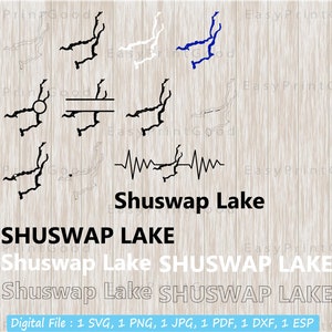 Shuswap Lake Svg Bundle, Contorno, Columbia Británica, Amor, Imágenes Prediseñadas, Marco de monograma, Silueta, Palabra de texto, Forma de mapa de Canadá, Archivo de corte, Cricut