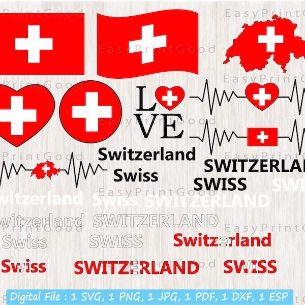 Switzerland Flag Bundle Svg, Swiss Svg, Love Switzerland, Waving Switzerland, Swiss Clip Art, Heart, Switzerland Flag Map, Cut file, Cricut