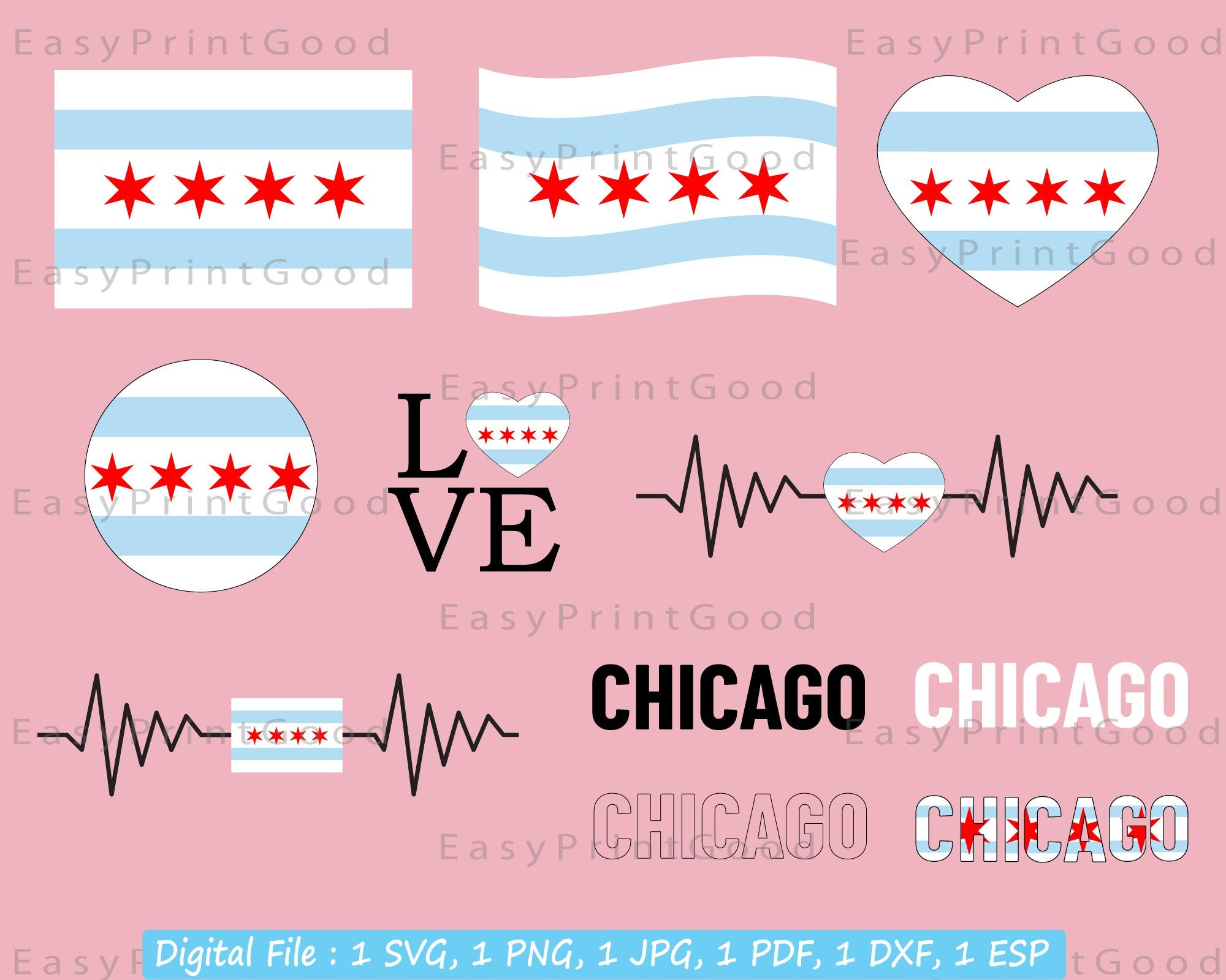 Chicago Flag Bundle Svg Chicago Flag Chicago Star Heart Svg Etsy