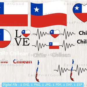 Chili drapeau Bundle Svg, Chili drapeau National Svg, amour Chili, agitant le Chili, Chili carte ClipArt, drapeau chilien, coeur Chili carte, couper fichier, Cricut