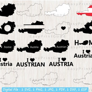 May include: A digital download of 10 different designs featuring the outline of Austria. The designs include a black and white outline, a black outline with a heart, a black outline with the word "home", a black outline with the word "Austria", a black outline with the word "Austrian", a black outline with the text "I love Austria", a black outline with the text "I love Austrian", a black outline with the text "I love Austria", a black outline with the Austrian flag, and a white outline with the Austrian flag.