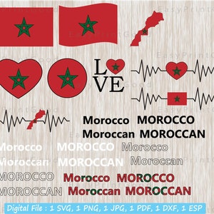 Maroc Flag Svg Bundle, Drapeau marocain, Drapeau de la carte du Maroc, Bannière du pays de la nation nationale marocaine, Amour, Agitant le Maroc, Fichier coupé, Cricut