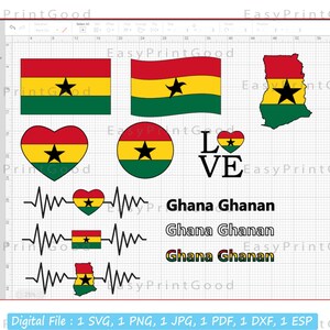 May include: A digital design file featuring various graphic elements related to Ghana. The design includes a heart, a circle, a flag, and a map of Ghana, all with the colors of the Ghanaian flag: red, yellow, and green. The designs also include a black star, the symbol of Ghana. The text "LOVE" and "Ghana Ghanan" are also included in the design.