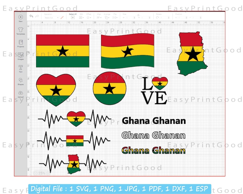 May include: A digital design file featuring various graphic elements related to Ghana. The design includes a heart, a circle, a flag, and a map of Ghana, all with the colors of the Ghanaian flag: red, yellow, and green. The designs also include a black star, the symbol of Ghana. The text "LOVE" and "Ghana Ghanan" are also included in the design.