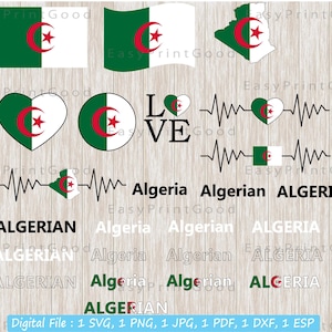 Algerien Flagge Svg Bundle, Algerien Waving Flag, Love Algerien, Algerien Karte ClipArt, Algerien Flagge Herz, Text Flagge, Cut file, Cricut