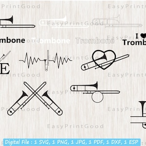 Trombone SVG Bundle: Split Frame, Heartbeat, Jazz Band Clipart (Digital Download)