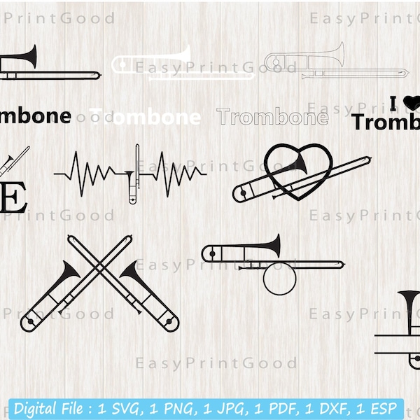 Trombone Bundle Svg, Trombone Split Frame, Band, Jazz, Trombone Frame, Heartbeat, Clipart, Brass Trombone Music Instrument, Cut file, Cricut