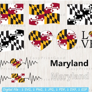 Maryland Flag Bundle Svg, Maryland State Flag Svg, Love Maryland, Waving Maryland, Maryland Clip Art, Heart Maryland, Cut file, Cricut image 1