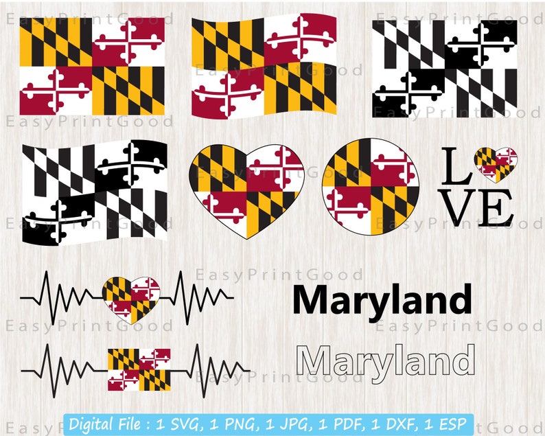 Maryland Flag Bundle Svg, Maryland State Flag Svg, Love Maryland, Waving Maryland, Maryland Clip Art, Heart Maryland, Cut file, Cricut image 1
