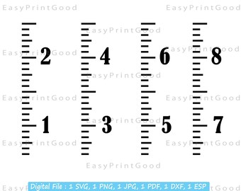 May include: A black and white ruler with numbers 1 through 8. The ruler is divided into sections with lines marking each inch.
