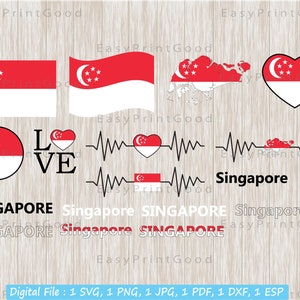 Singapur Flagge SVG, Bundle, Singapur Nationalflagge, Singapur Karte, Liebe, Text Wort, Winken Singapur, Herz, Herzschlag, Ausschneiden Datei, Cricut