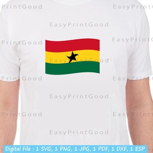 May include: A white t-shirt with a red, yellow, and green flag of Ghana printed on the front. The flag has a black five-pointed star in the center.