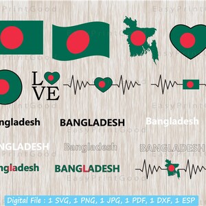 バングラデシュ国旗バンドル SVG、バングラデシュ クリップ アート、テキスト ワード、アウトライン、地図、愛、手を振る、国旗ハート、ハートビート、カット ファイル、Cricut SVG
