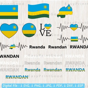 Può includere: Un download digitale di un set di design grafici con la bandiera del Ruanda. I design includono un cuore, una bandiera, una mappa e un battito cardiaco con le parole "Ruanda" e "Rwandan".