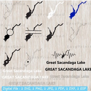Great Sacandaga Lake Svg Bundle, Contour, Amour, Clipart, Cadre monogramme, Silhouette, Mot texte, Cadre divisé, Carte de New York, Fichier coupé, Cricut