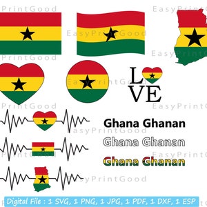 May include: A digital download of a set of graphics featuring the flag of Ghana in various designs, including a heart, a circle, a waving flag, and an outline of the country. The text "Ghana Ghanan" is also included in the design.