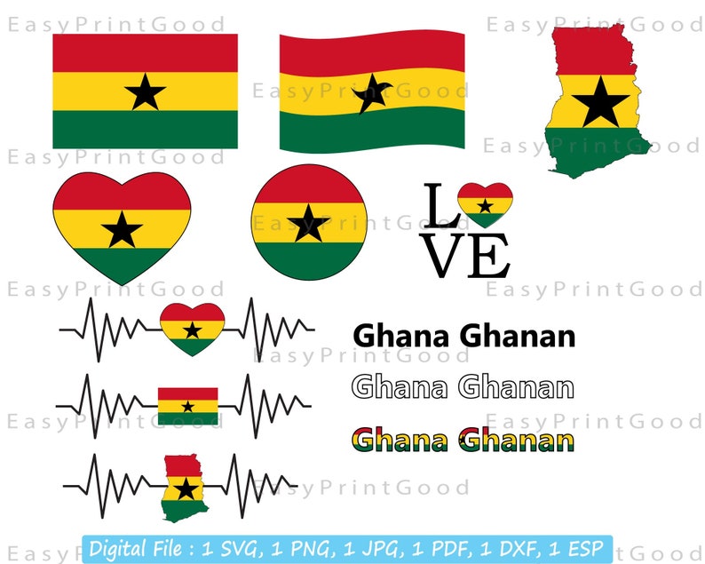 May include: A digital download of a set of graphics featuring the flag of Ghana in various designs, including a heart, a circle, a waving flag, and an outline of the country. The text "Ghana Ghanan" is also included in the design.