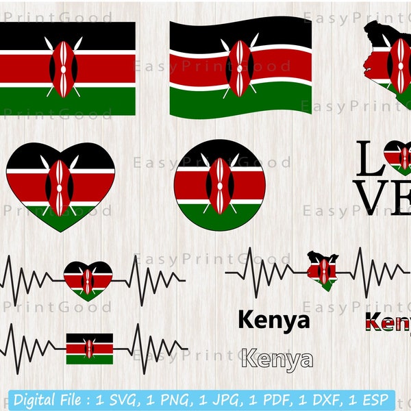 Kenya Flag Bundle Svg, Kenya National Flag Svg, Love Kenya, Waving Kenya, Kenya Flag Heart, Kenyan Nation Country Banner, Cut file, Cricut