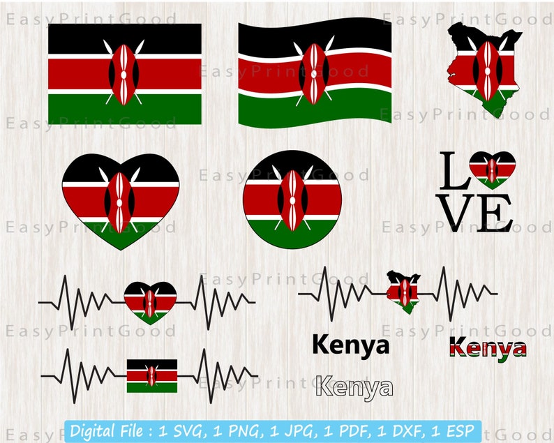 May include: A digital download of a set of graphics featuring the flag of Kenya in various designs. The designs include a heart, a circle, a waving flag, a map of Kenya, and a heartbeat with the flag inside. The text "LOVE" and "Kenya" are also included in the design.