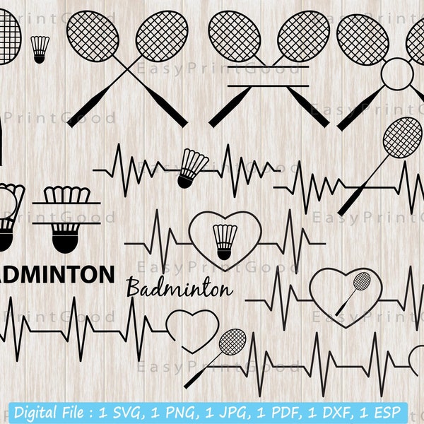 Badminton SVG Bundle, Federballschläger SVG, Federball Monogramm Rahmen, Badminton Clipart, Federball Herzschlag SVG, Schnittdatei, Cricut