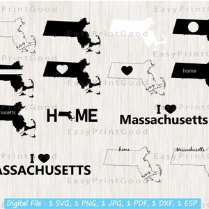 Massachusetts Map SVG Bundle: State Outline, Love, Home (Cut File)