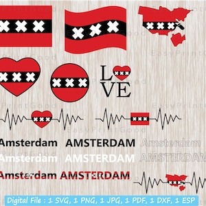 Amsterdam vlag Svg bundel, Amsterdam naam, liefde, kaart, hartslag, overzicht, zwart-wit, Amsterdam vlag hart, tekst Word, gesneden bestand, Cricut