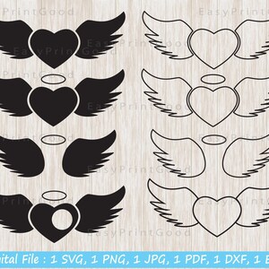 May include: A set of six black and white angel wing and heart designs. The designs include a heart with wings, a heart with wings and a halo, and wings with a halo. The designs are perfect for crafting projects, scrapbooking, and more.