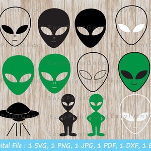 May include: A set of digital cut files featuring various alien designs. The designs include black, white, green, and outline versions of an alien head, an alien in a standing pose, and a flying saucer.