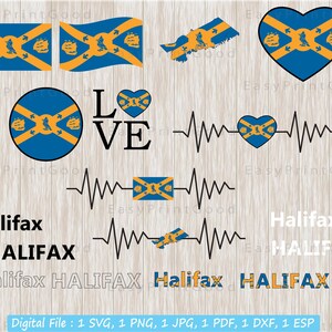 ハリファックス旗 SVG バンドル、ハリファックス旗クリップアート、ハリファックス、ノバスコシア、手を振る、カナダ、テキスト ワード、ハートビート、カット ファイル、Cricut SVG、愛
